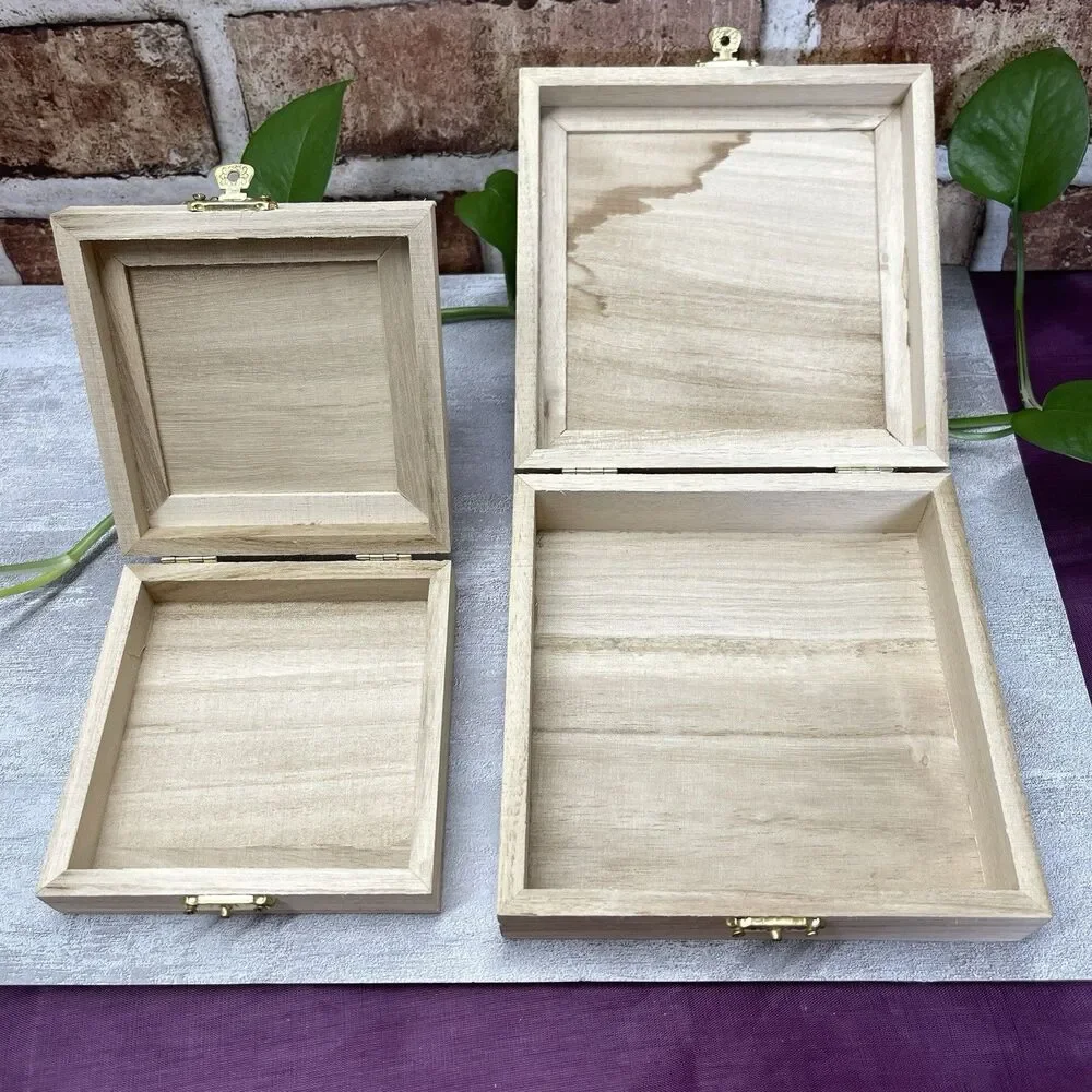 2Pcs Wooden Box Small & Medium Wood Box Unfinished Art Decor Project Storage
